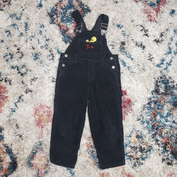 Vintage Other - Vintage 90s Looney Tunes Tweety Bird Corduroy Black Overalls Unisex Boys 4t 5t